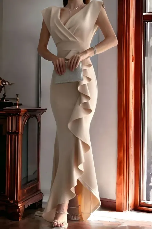 Kadın Bej Scuba Dalgıç Kumaş Kruvaze Yaka Eteği Volanlı Abiye Mezuniyet Nikah Elbise-Bej - ALFUDO MODA COLLECTION