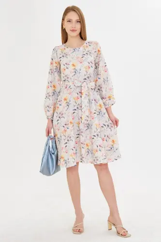 Kadın Bej Sıfır Yaka Arkası Fermuarlı Kuşaklı Uzun Kol Kloş Midi Boy Elbise ARM-25Y001008-Bej - 2