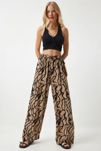 Kadın Bej Siyah Desenli Dökümlü Viskon Palazzo Pantolon EN00606-Bej Siyah 