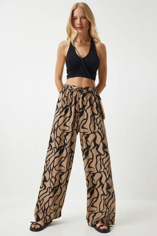 Kadın Bej Siyah Desenli Dökümlü Viskon Palazzo Pantolon EN00606-Bej Siyah - HAPPINESS İSTANBUL