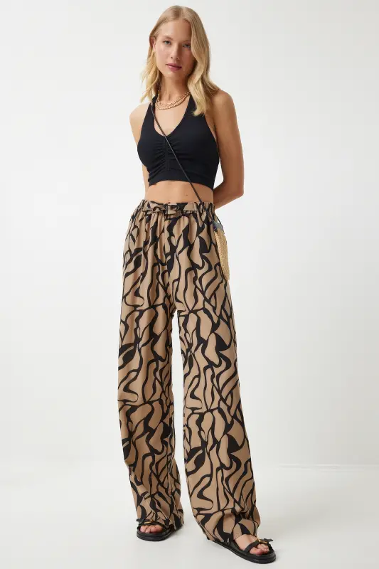 Kadın Bej Siyah Desenli Dökümlü Viskon Palazzo Pantolon EN00606-Bej Siyah - 2