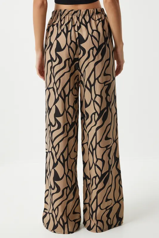 Kadın Bej Siyah Desenli Dökümlü Viskon Palazzo Pantolon EN00606-Bej Siyah - 6