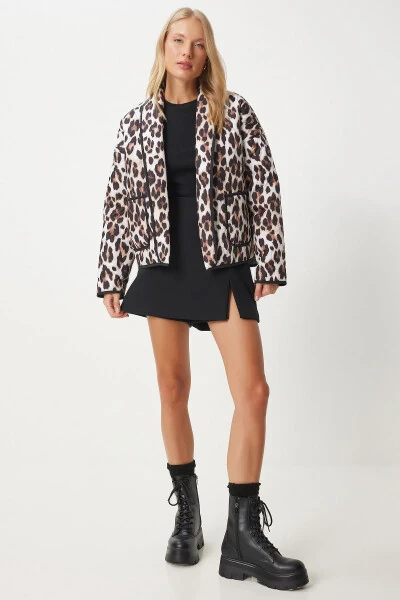 Kadın Bej Siyah Leopar Desenli Cepli Kapitone Mont NT00433 - 3