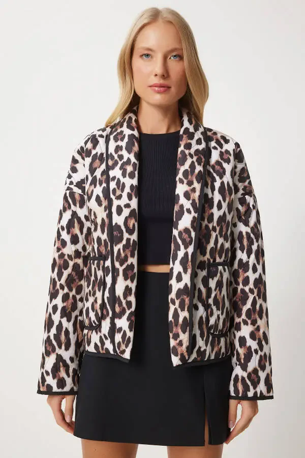 Kadın Bej Siyah Leopar Desenli Cepli Kapitone Mont NT00433 - 6