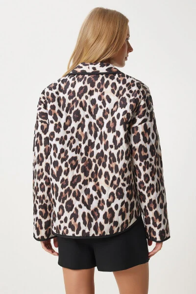 Kadın Bej Siyah Leopar Desenli Cepli Kapitone Mont NT00433 - 8