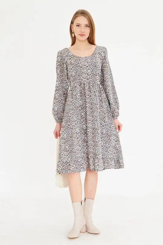 Kadın Bej U Yaka Arkası Fermuarlı Beli Büzgülü Midi Boy Desenli Elbise ARM-25K001104 - BEJ - 8