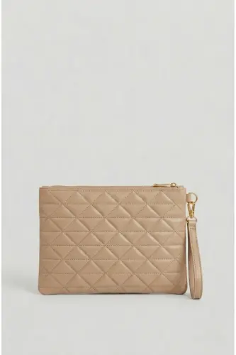 Kadın Bej Üçgen Desenli Portföy Clutch El Çantası 