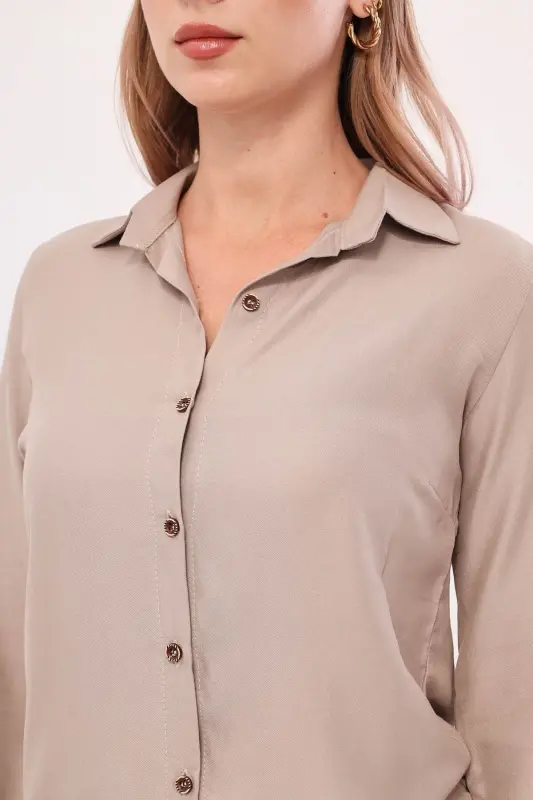 Kadın Bej Uzun Kollu Düz Gömlek ARM-18Y001176-BEJ - 2