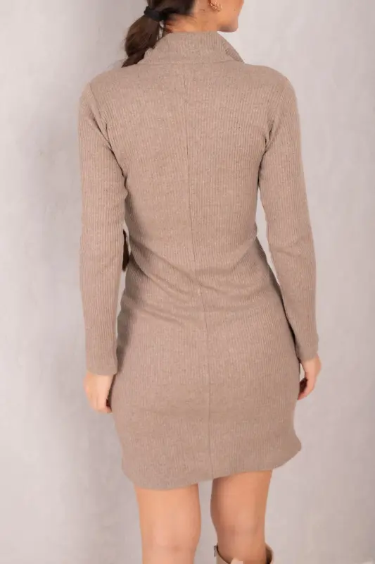 Kadın Bej Yakası Fermuarlı Kaşkorse Diz Üstü Elbise ARM-24Y001001-Bej - 5