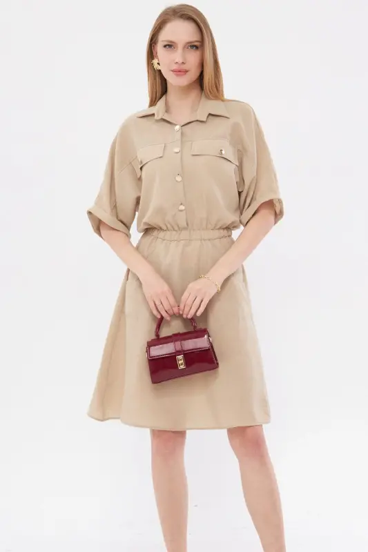 Kadın Bej Yarasa Kol Cepli Beli Lastikli Elbise ARM-23Y001076-Bej - 1