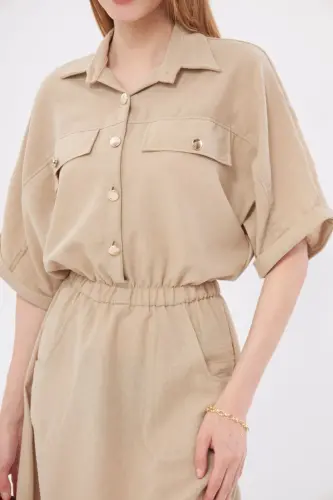 Kadın Bej Yarasa Kol Cepli Beli Lastikli Elbise ARM-23Y001076-Bej - 3