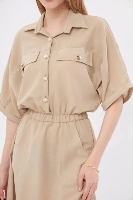 Kadın Bej Yarasa Kol Cepli Beli Lastikli Elbise ARM-23Y001076-Bej - 3