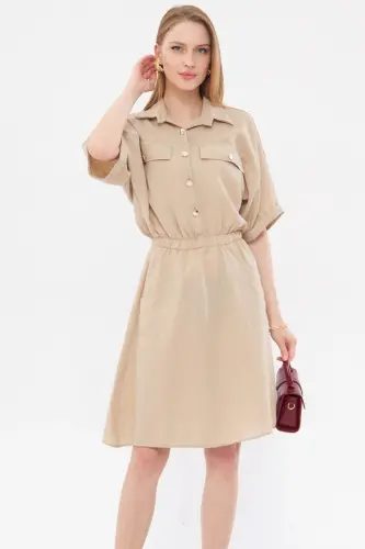 Kadın Bej Yarasa Kol Cepli Beli Lastikli Elbise ARM-23Y001076-Bej - 4