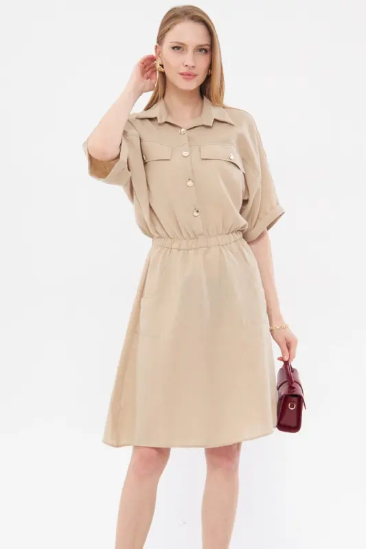 Kadın Bej Yarasa Kol Cepli Beli Lastikli Elbise ARM-23Y001076-Bej - 4