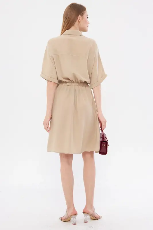 Kadın Bej Yarasa Kol Cepli Beli Lastikli Elbise ARM-23Y001076-Bej - 5