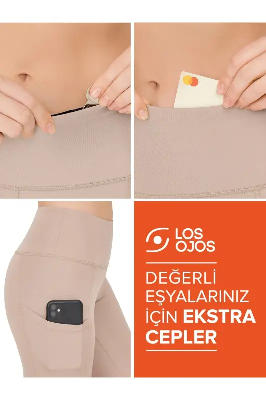 Kadın Bej Yüksek Bel Çift Cepli Toparlayıcı Spor Tayt-Bej - 3