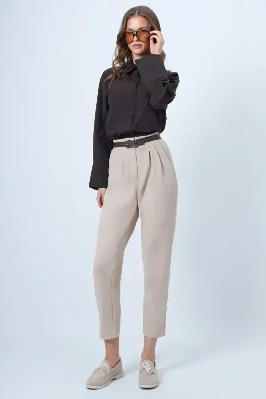 Kadın Bej Yüksek Bel Havuç Pantolon ALC-X11148-BEJ - 2