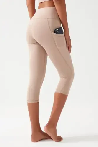 Kadın Bej Yüksek Bel Toparlayıcı Çift Cepli Diz Altı Kapri Tayt Capri-Bej - LOS OJOS (1)
