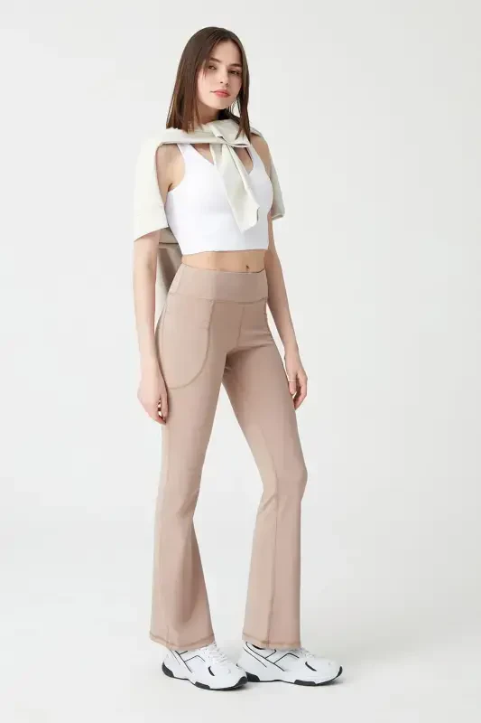Kadın Bej Yüksek Bel Toparlayıcı Çift Cepli Ispanyol Paça Tayt Bootcut-Bej - 5