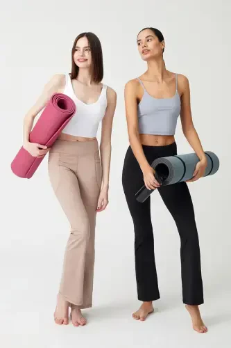 Kadın Bej Yüksek Bel Toparlayıcı Çift Cepli Ispanyol Paça Tayt Bootcut-Bej - 6