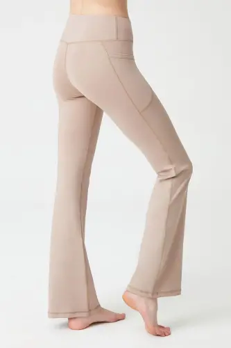 Kadın Bej Yüksek Bel Toparlayıcı Çift Cepli Ispanyol Paça Tayt Bootcut - Bej 