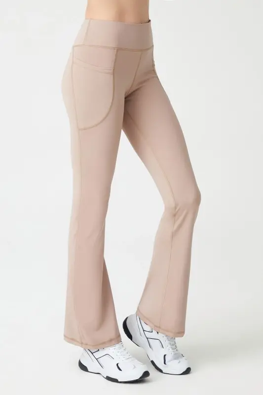 Kadın Bej Yüksek Bel Toparlayıcı Çift Cepli Ispanyol Paça Tayt Bootcut - Bej - 3