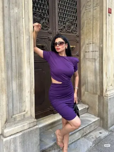 Kadın Bel Dekolteli Yanı Büzgü Detay Dalgıç Krep Kumaş Mini Elbise - 1