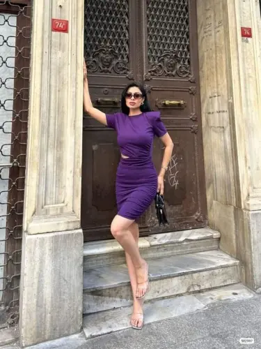 Kadın Bel Dekolteli Yanı Büzgü Detay Dalgıç Krep Kumaş Mini Elbise - BÜYÜKBEDENIZ (1)