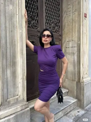 Kadın Bel Dekolteli Yanı Büzgü Detay Dalgıç Krep Kumaş Mini Elbise - 3