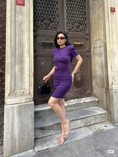 Kadın Bel Dekolteli Yanı Büzgü Detay Dalgıç Krep Kumaş Mini Elbise - 4