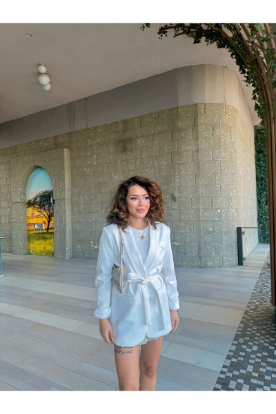 Kadın Belden Bağlamalı Blazer Ceket-beyaz - 4