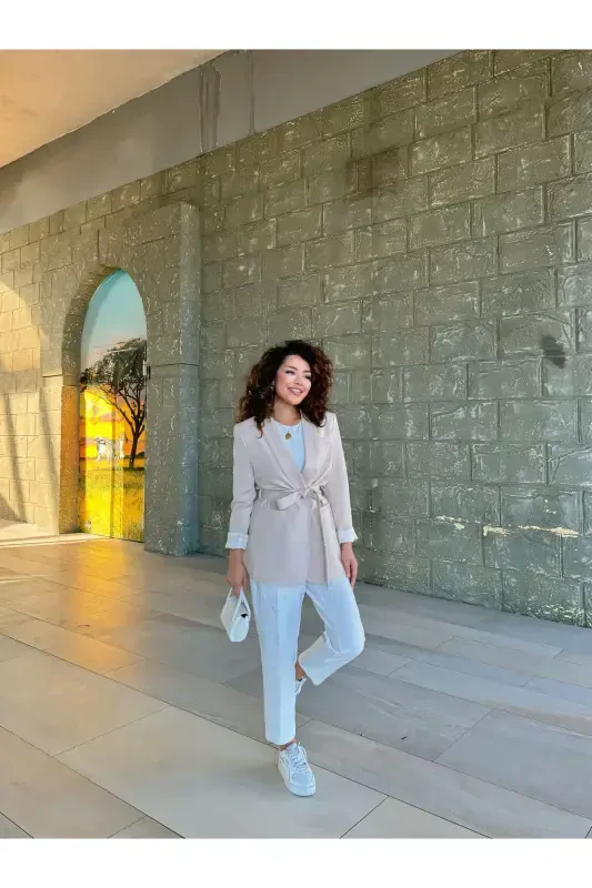 Kadın Belden Bağlamalı Blazer Ceket-krem - 1
