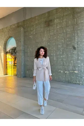 Kadın Belden Bağlamalı Blazer Ceket-krem - GENEL MARKALAR (1)