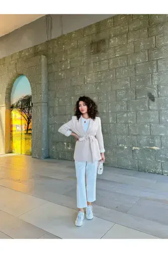 Kadın Belden Bağlamalı Blazer Ceket-krem - 3