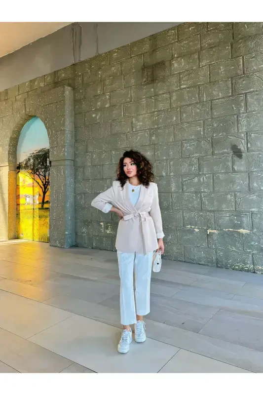 Kadın Belden Bağlamalı Blazer Ceket-krem - 3