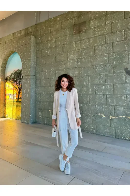Kadın Belden Bağlamalı Blazer Ceket-krem - 5