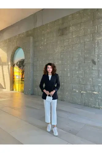 Kadın Belden Bağlamalı Blazer Ceket-siyah - 1