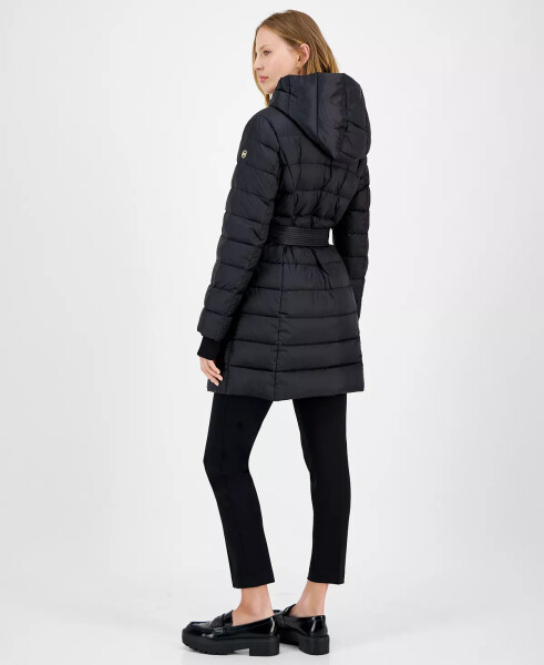 Kadın Belden Bağlamalı Kapüşonlu Puffer Mont, Modazone Black İçin Tasarlandı - 2