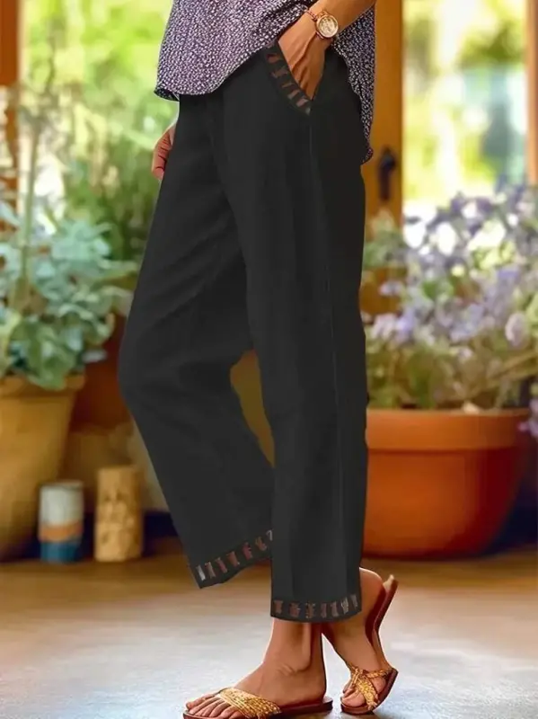 Kadın Beli Lastikli Bağcıklı Cep Ve Pantolon Ucu Güpür Detaylı Pantolon - 1