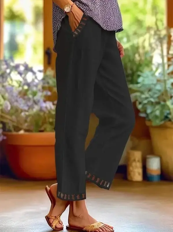 Kadın Beli Lastikli Bağcıklı Cep Ve Pantolon Ucu Güpür Detaylı Pantolon - 3