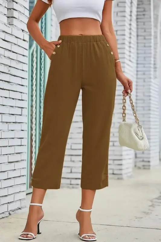 Kadın Beli Lastikli Düğme Ve Cep Detaylı Kapri Ithal Keten Pantolon - 2