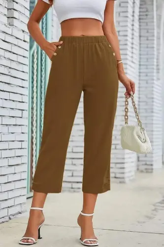 Kadın Beli Lastikli Düğme Ve Cep Detaylı Kapri Ithal Keten Pantolon - 5