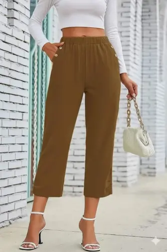 Kadın Beli Lastikli Düğme Ve Cep Detaylı Kapri Ithal Keten Pantolon - 1