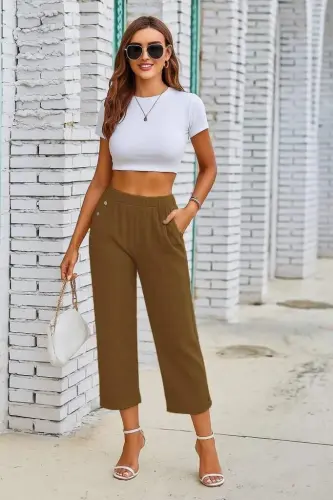 Kadın Beli Lastikli Düğme Ve Cep Detaylı Kapri Ithal Keten Pantolon - 3