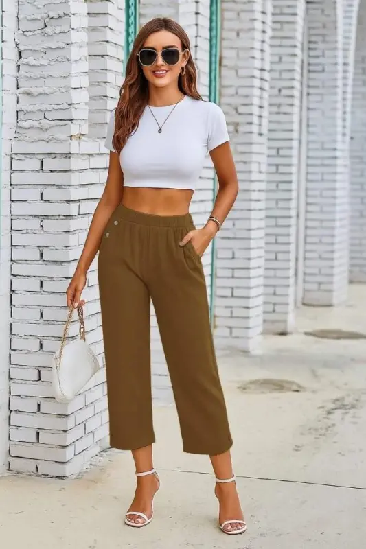 Kadın Beli Lastikli Düğme Ve Cep Detaylı Kapri Ithal Keten Pantolon - 3