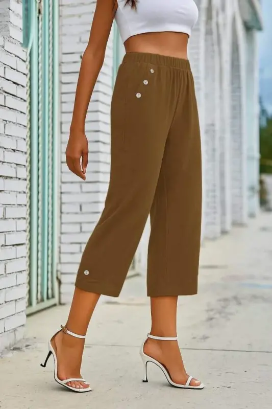 Kadın Beli Lastikli Düğme Ve Cep Detaylı Kapri Ithal Keten Pantolon - 4