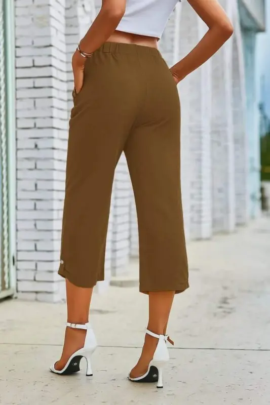 Kadın Beli Lastikli Düğme Ve Cep Detaylı Kapri Ithal Keten Pantolon - 6