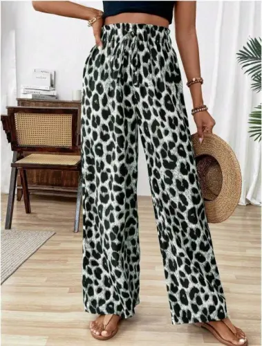 Kadın Beli Lastikli Leopar Desen Süprem Pantolon - 1