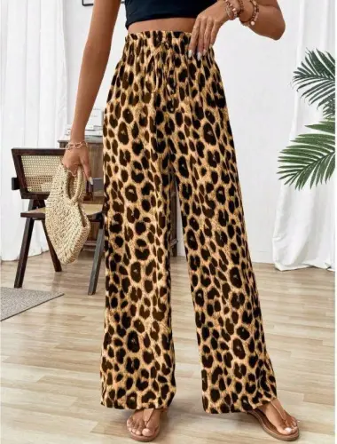 Kadın Beli Lastikli Leopar Desen Süprem Pantolon - 1