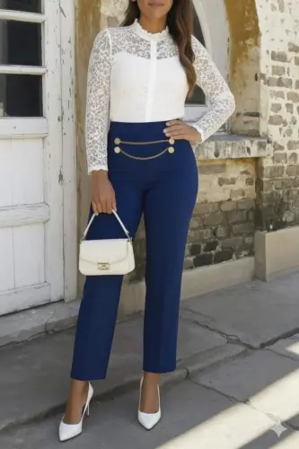 Kadın Beli Zincir Detay Ithal Krep Pantolon - 1